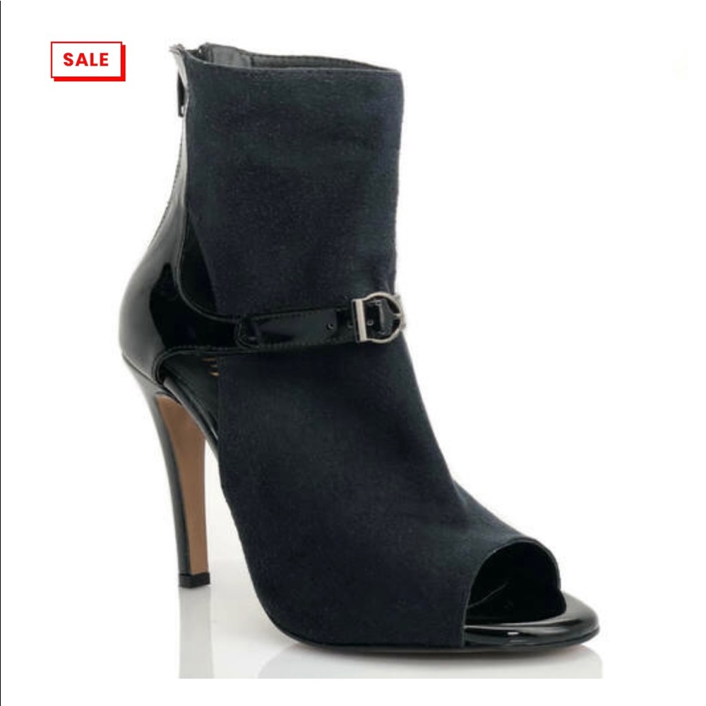 Burju Trixzee vegan black suede open toe ankle boot with strap (dancing heels)